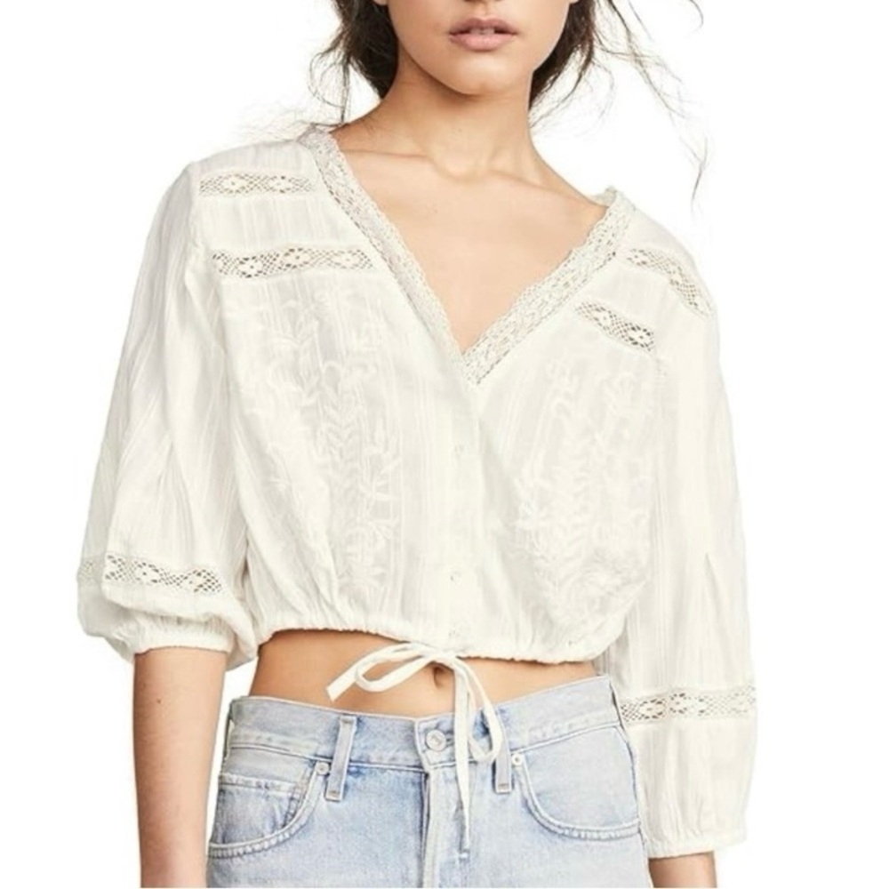 Free People Follow Your Heart Balloon Sleeve Tie Waist Top, Ivory, Small - Picture 8 of 8